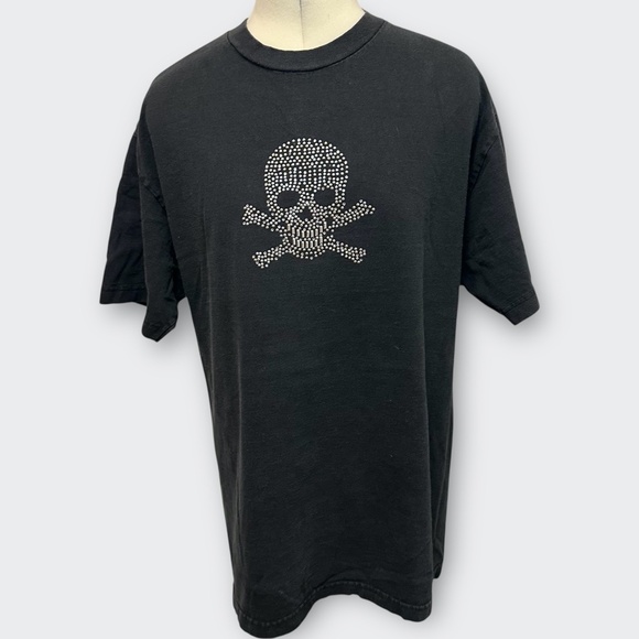 VINTAGE AAA Alstyle Black Rhinestone Skull Crossbone Graphic T-Shirt Y2K Biker L - Picture 2 of 9
